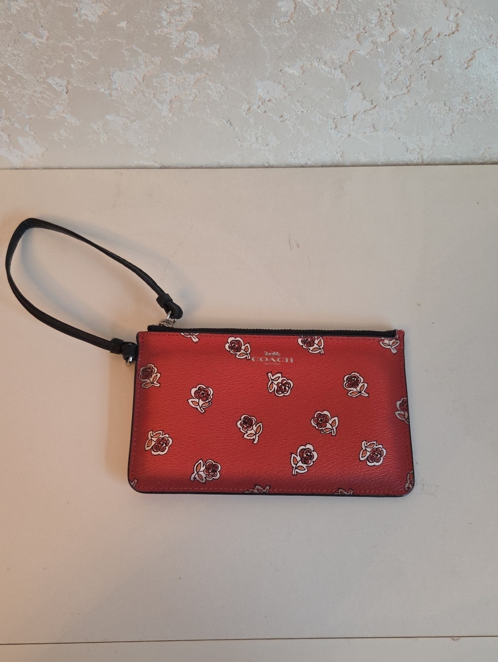 Coach Red Floral Zip Wristlet with Black Strap